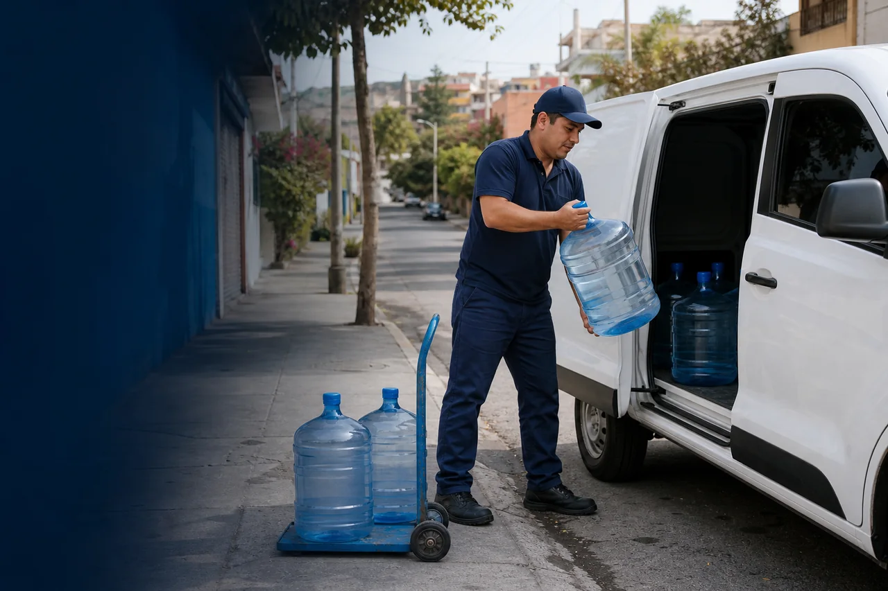 Repartidor cargando garrafones junto a una camioneta